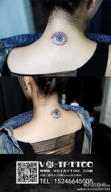 女生后脖子时尚很酷的眼睛纹身图案