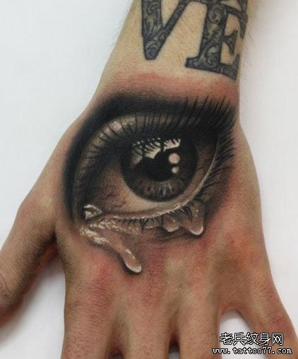 手背一款经典潮流的黑灰眼睛纹身图案