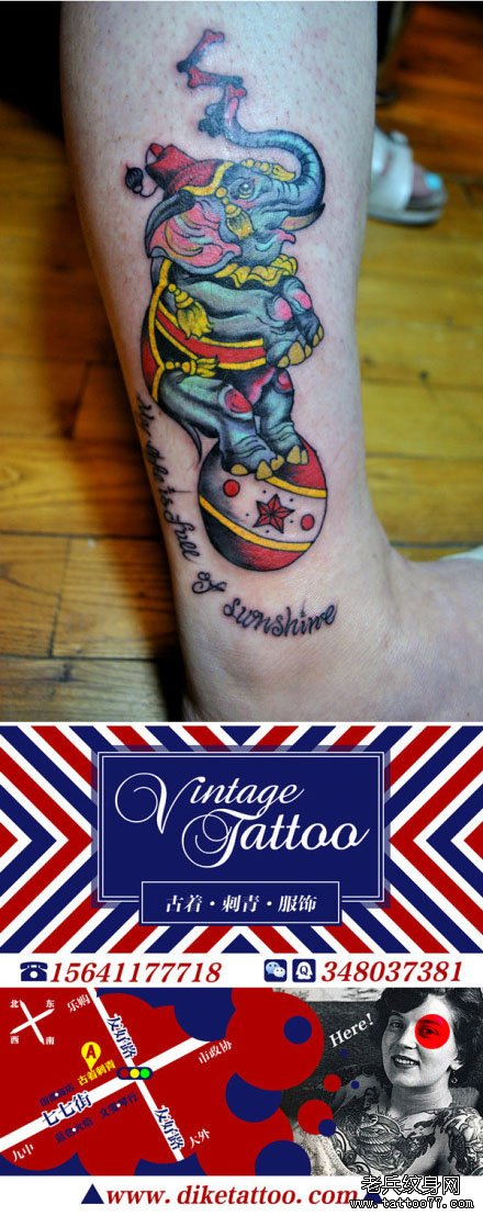 腿部一款表演马戏的大象纹身图案