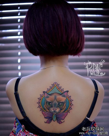 女生后背潮流呆呆的猫咪纹身图案