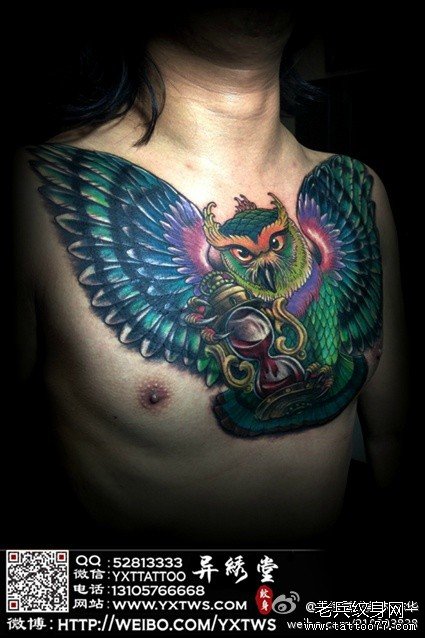 男人前胸很酷经典的猫头鹰纹身图案