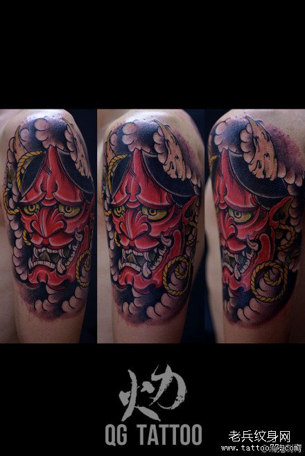 男生手臂很酷潮流的彩色般若纹身图案