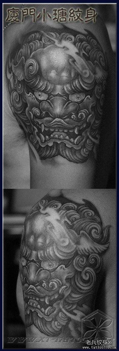 手臂潮流时尚的一款黑灰唐狮子纹身图案