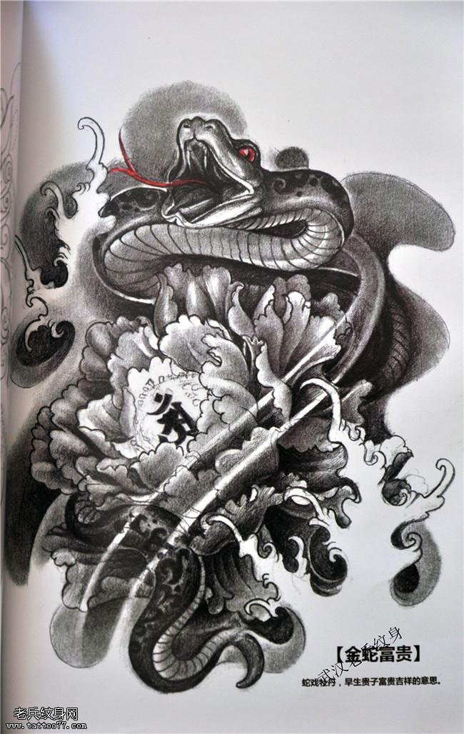 适合大臂包腿的金蛇富贵纹身手稿图案