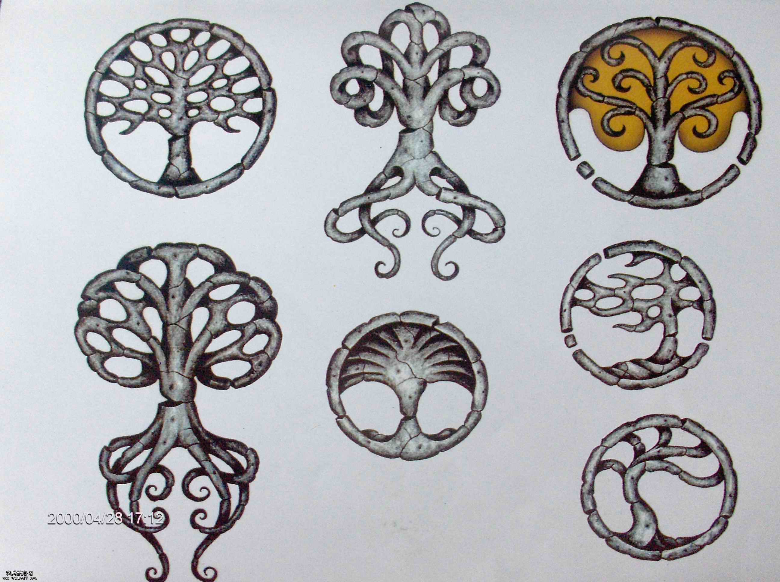 一组漂亮的石雕树纹身图案