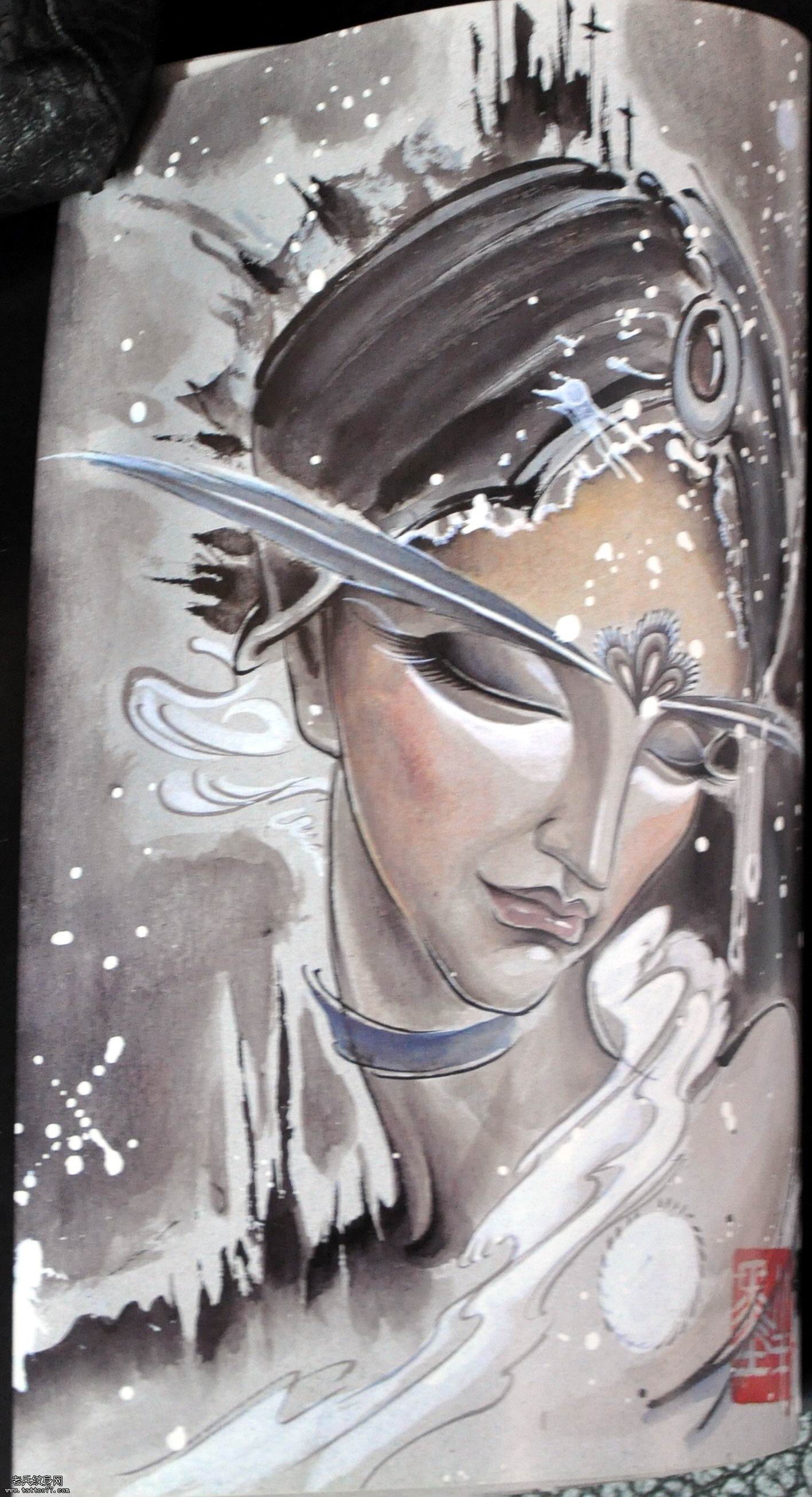 一款水墨人物纹身图案