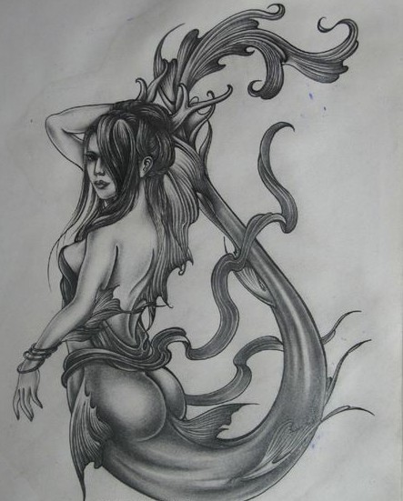 另类的美人鱼图案纹身手稿
