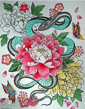蛇牡丹花纹身图案