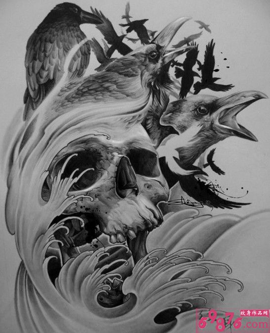 个性乌鸦骷髅纹身手稿图片