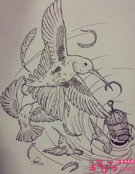 破笼而出小鸟纹身手稿图片