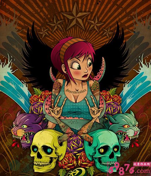 美女与骷髅时尚纹身手稿图片
