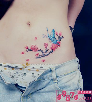 蝴蝶桃花时尚腰部纹身
