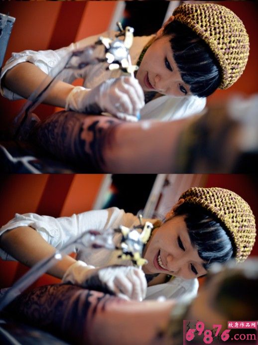 美女纹身师开心纹身创作过程