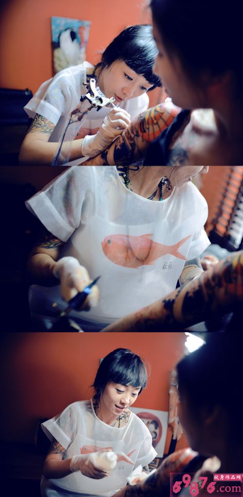 美女纹身师肩部刺青创作过程