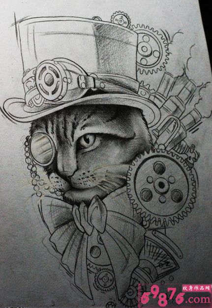 蒸汽朋克风格猫纹身手稿图片