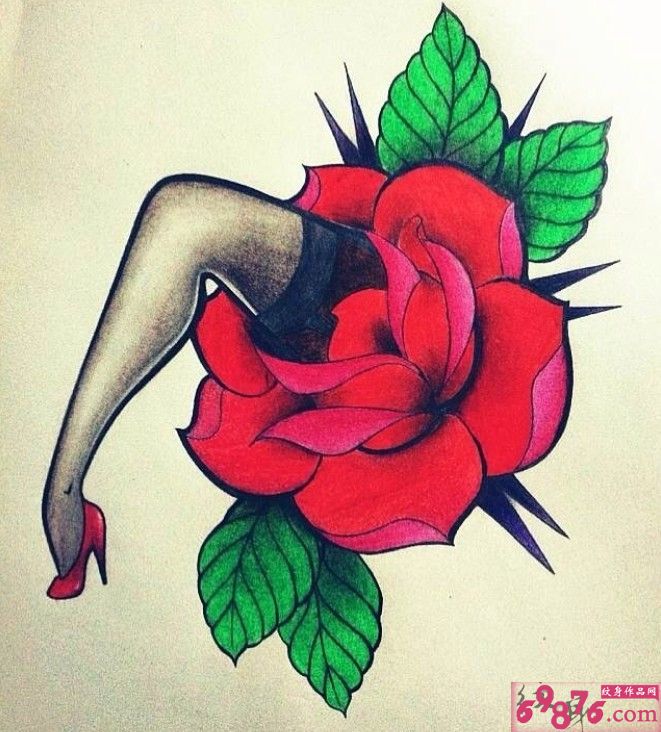 玫瑰花里的高跟鞋纹身手稿图片