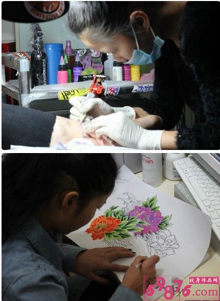 纹身师腿部纹身现场