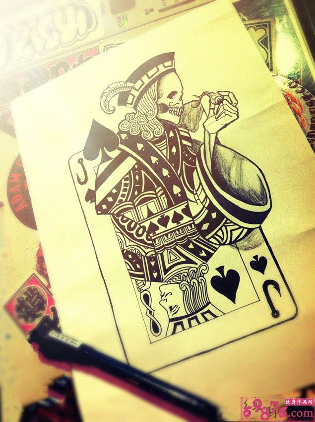 扑克K双面纹身手稿图片
