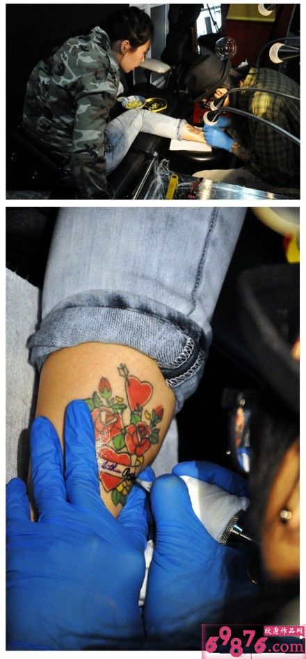 小腿玫瑰心纹身现场