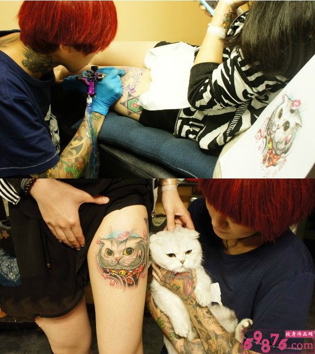 女生大腿可爱猫咪头像纹身