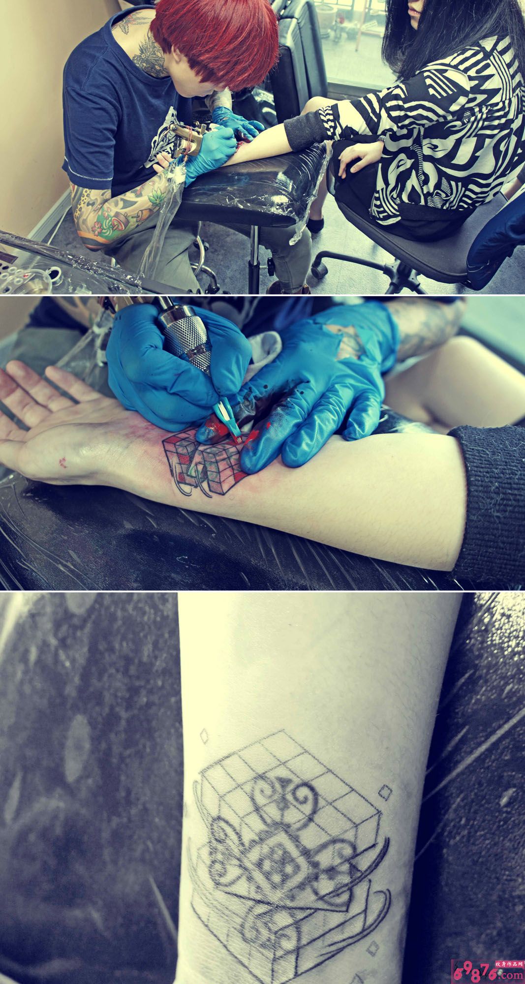 个性设计的旋转魔方纹身现场