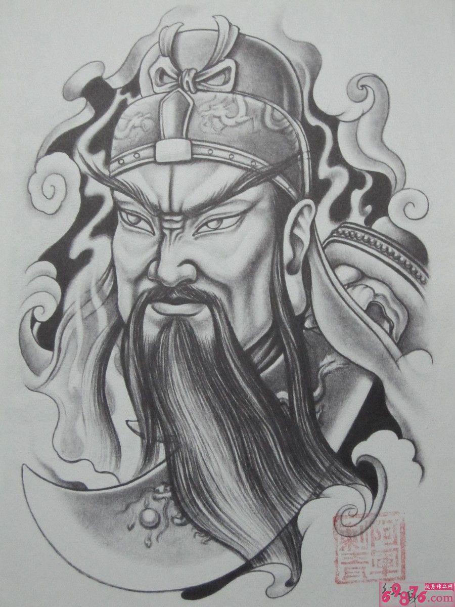 关二哥黑白纹身手稿图片