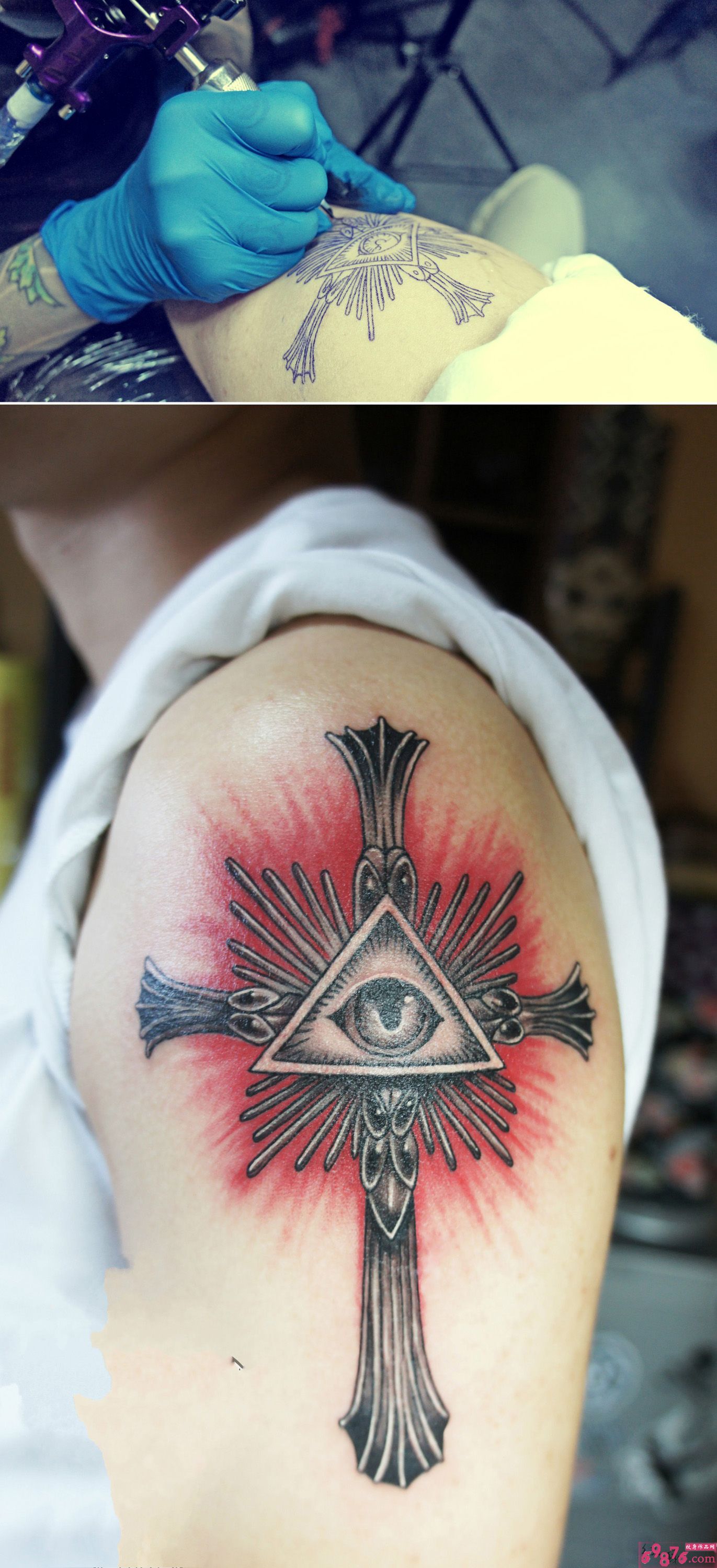 手臂十字架上帝之眼纹身现场