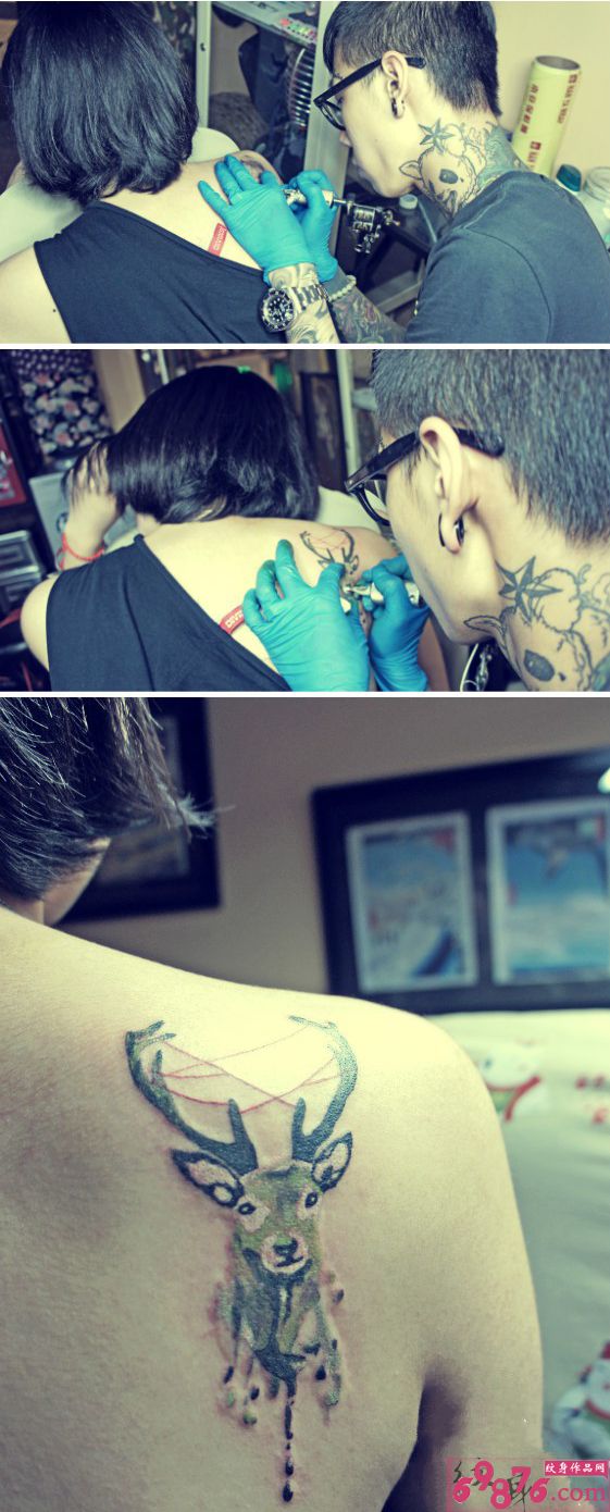 女生后肩麋鹿纹身现场
