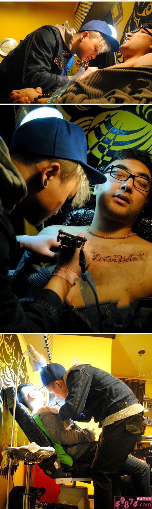 胸前花体英文纹身现场