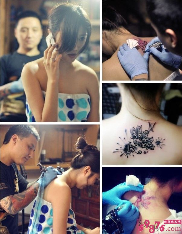女生后颈皇冠字母纹身现场