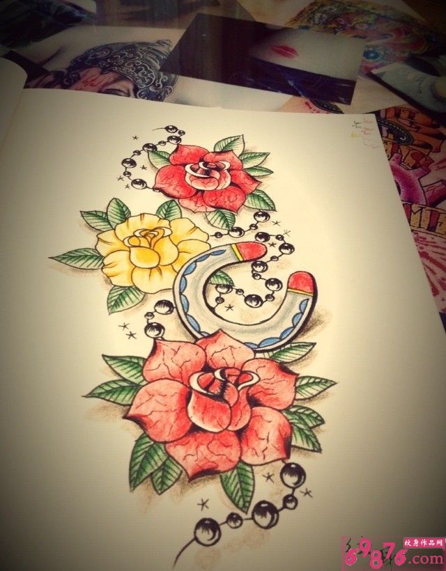 玫瑰花磁铁纹身手稿图片