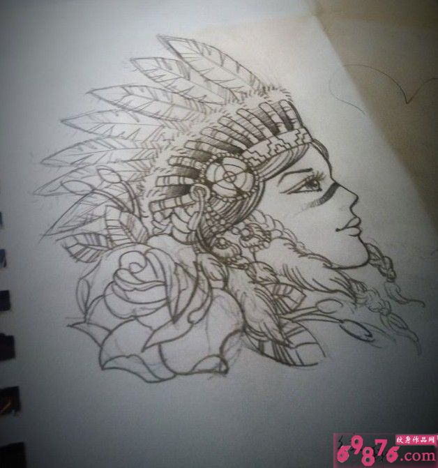 印第安美女头像纹身手稿图片