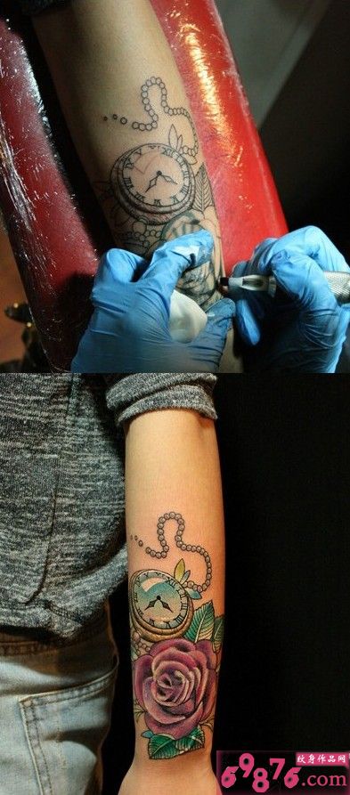玫瑰复古怀表手臂纹身