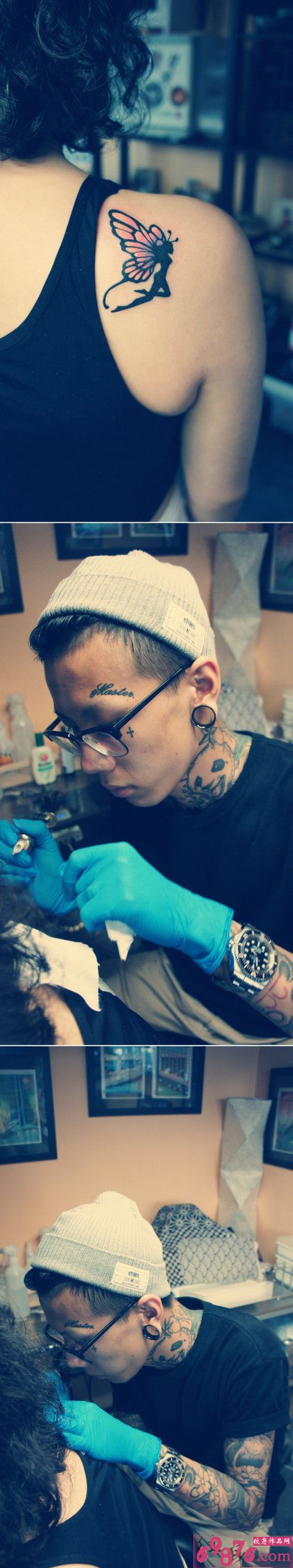 个性纹身师肩部蝴蝶纹身现场