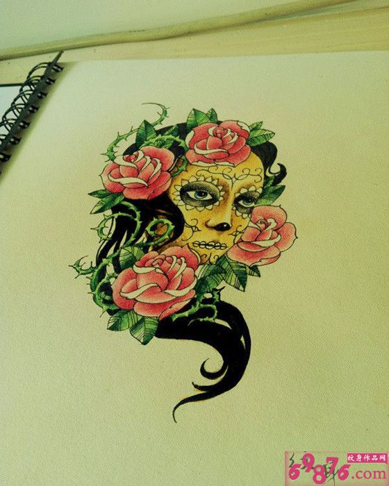 彩色玫瑰骷髅纹身手稿图片