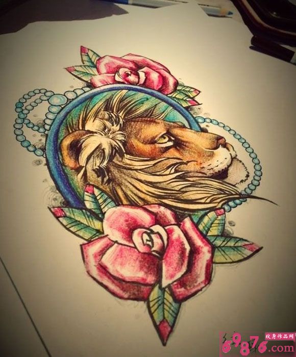玫瑰狮子头像纹身手稿图片