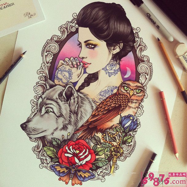美女与狼玫瑰创意纹身手稿图片