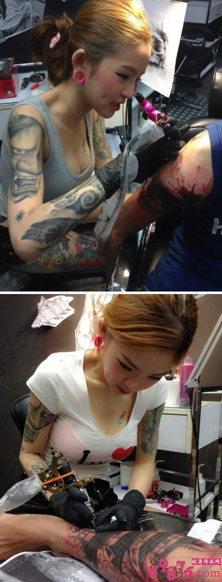 个性美女纹身师机械纹身现场