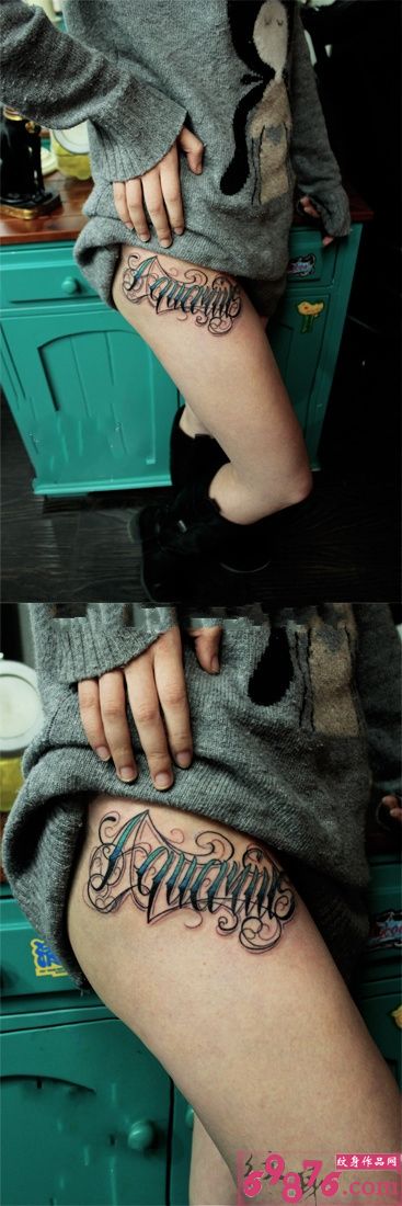 性感花体英文大腿纹身图片