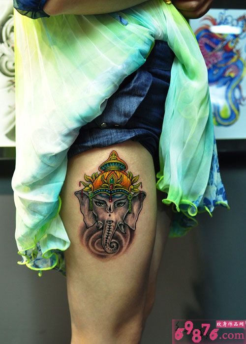 泰国象神大腿纹身图片