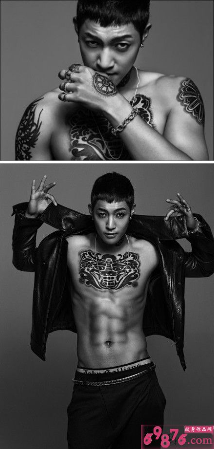 型男胸部时尚黑白图腾纹身