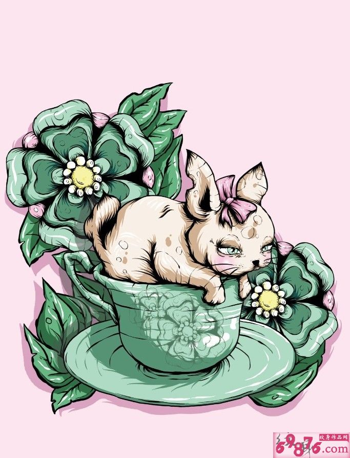 茶杯上粉色猫咪纹身手稿图片