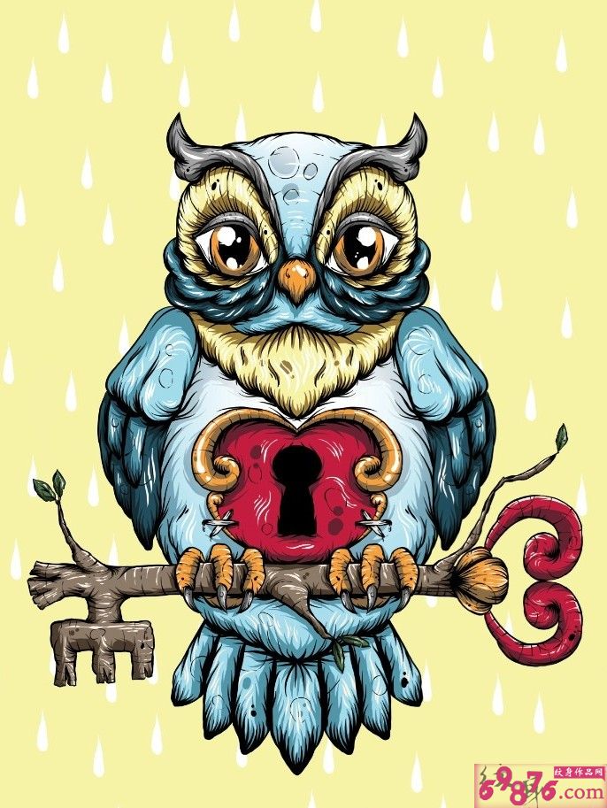 猫头鹰钥匙与锁纹身手稿图片
