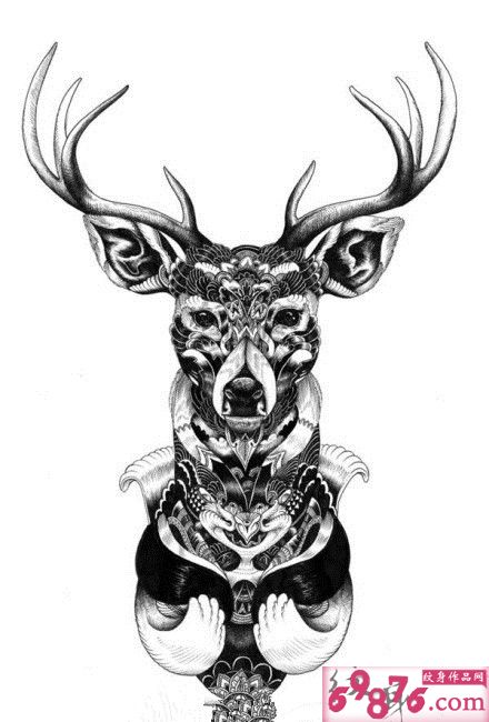 鹿黑白复古纹身稿图片