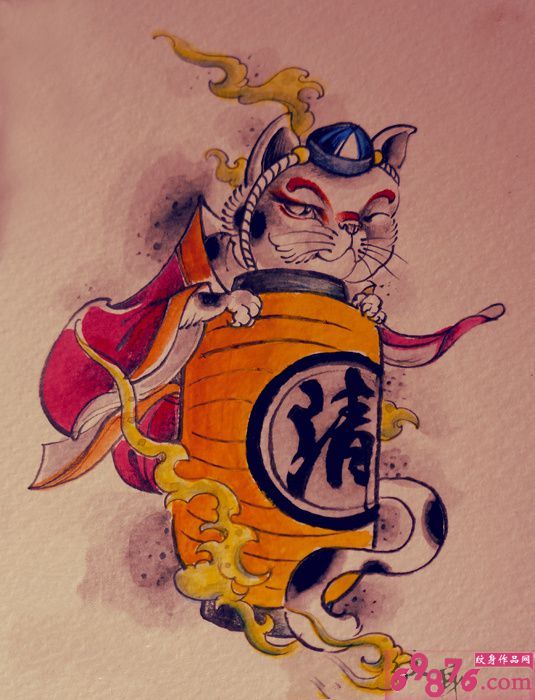 灯笼猫咪纹身手稿图片