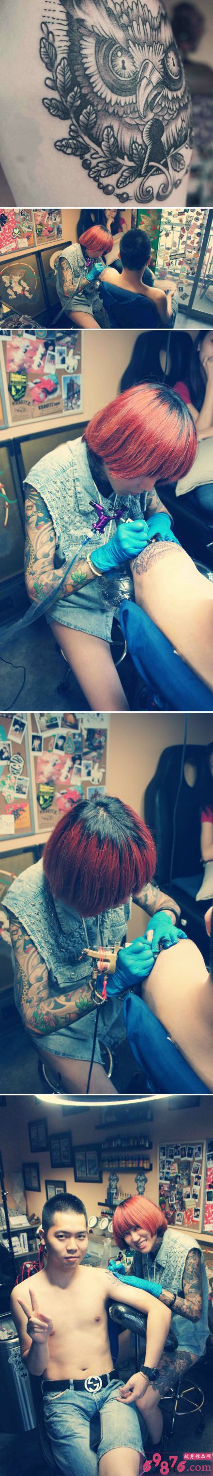 帅哥猫头鹰手臂纹身现场