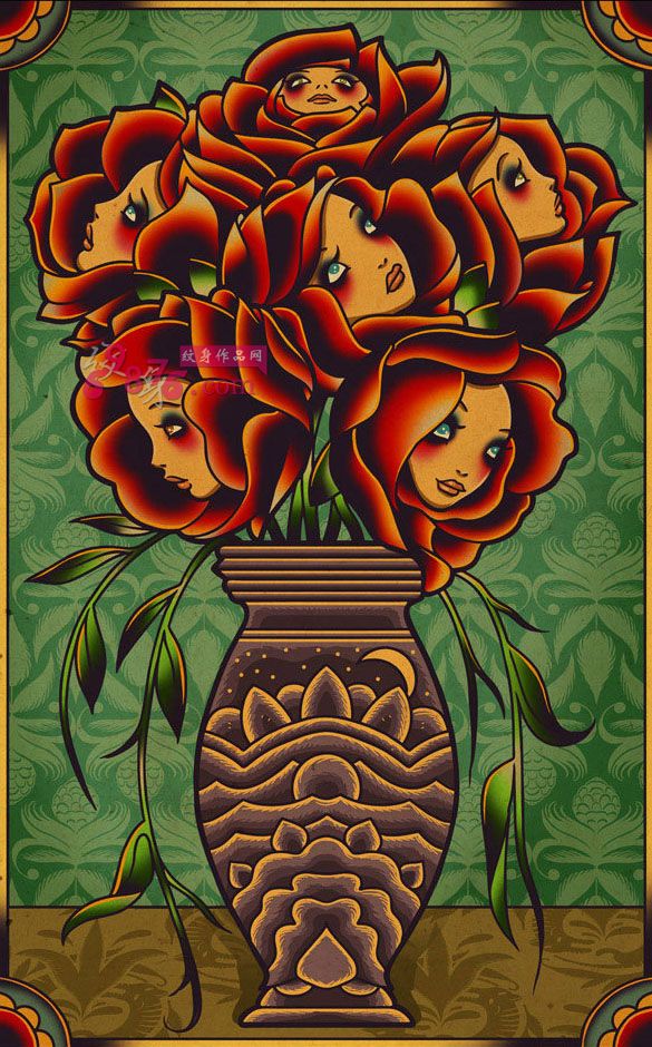 玫瑰女与花瓶创意纹身手稿图片