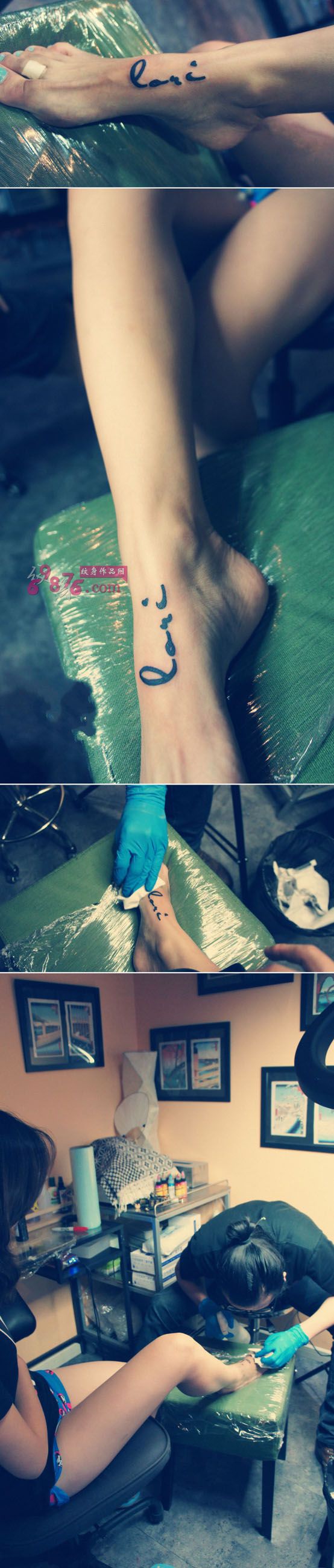 简洁英文字母脚背纹身图片