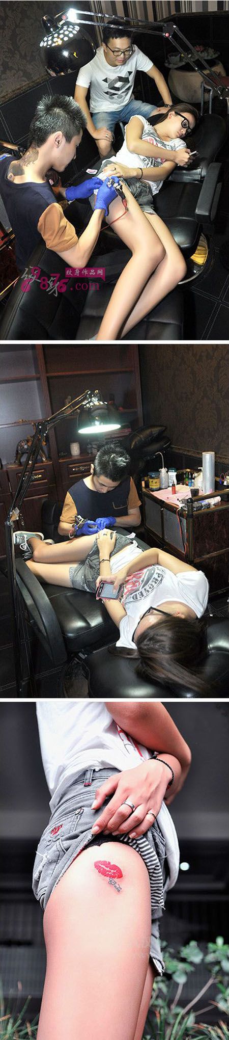 红唇文字个性大腿纹身现场