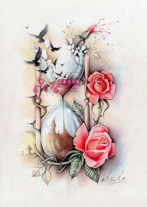 破碎沙漏玫瑰纹身手稿图片